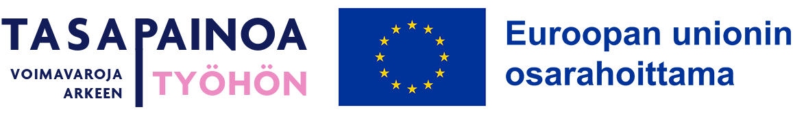 Tasapainio työhön -logo, sekä EU lippulogo tekstillä Euroopan unionin osarahoittama.